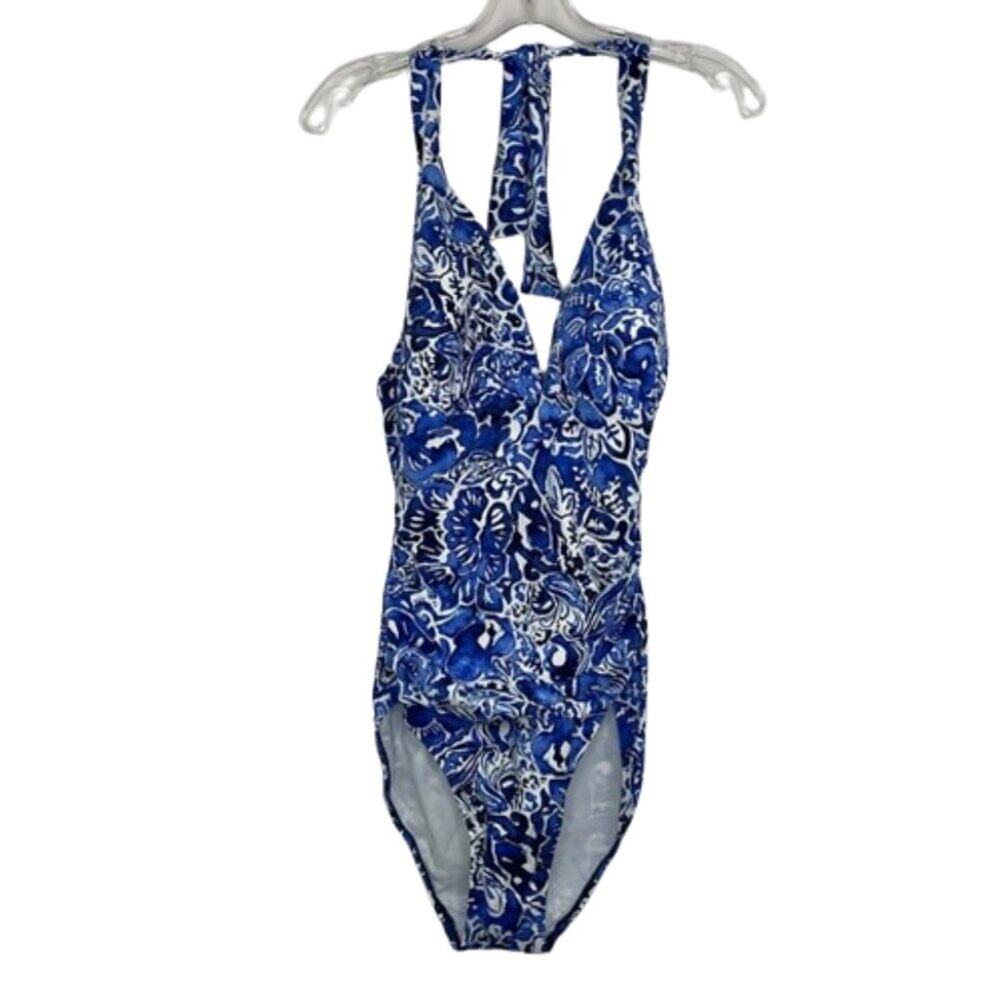 Lauren Ralph Lauren blue white one piece swimsuit floral coastal beach size 12